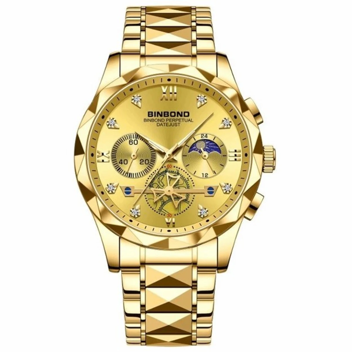2023 New Luxury Binbond Brand Men's Luminous Watches Stainless Steel Waterproof Chronograph watch - Full Golden