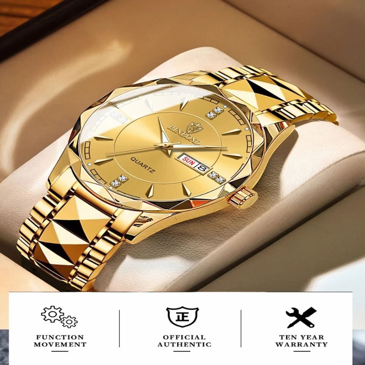 Luxury Binbond Stainless Steel Classic Waterproof Watch for Men - Man Binbond dimond card Degain Full golden